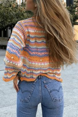 Rainbow Stripe Crochet Knit Sweater - Y2K Aesthetic Coquette Style for Women's Fashion