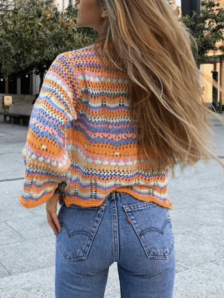 Rainbow Stripe Crochet Knit Sweater - Y2K Aesthetic Coquette Style for Women's Fashion Rainbow Stripe Crochet Knit Sweater - Y2K Aesthetic Coquette Style for Women's Fashion