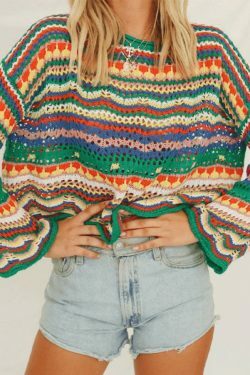 Rainbow Stripe Crochet Knit Sweater - Y2K Aesthetic Coquette Style for Women's Fashion