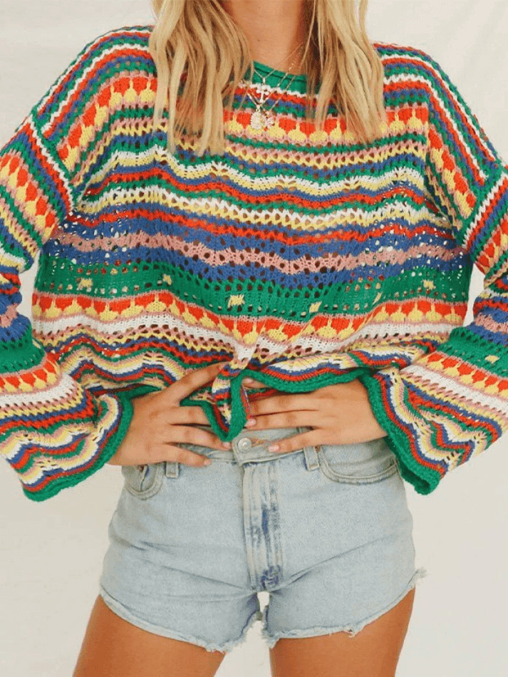 Rainbow Stripe Crochet Knit Sweater - Y2K Aesthetic Coquette Style for Women's Fashion Rainbow Stripe Crochet Knit Sweater - Y2K Aesthetic Coquette Style for Women's Fashion