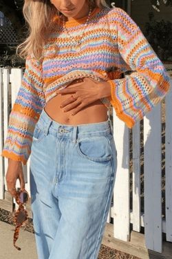 Rainbow Stripe Crochet Knit Sweater - Y2K Aesthetic Coquette Style for Women's Fashion