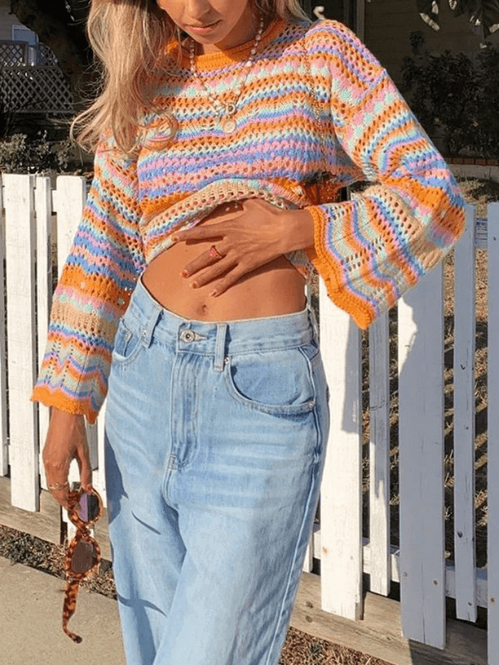 Rainbow Stripe Crochet Knit Sweater - Y2K Aesthetic Coquette Style for Women's Fashion Rainbow Stripe Crochet Knit Sweater - Y2K Aesthetic Coquette Style for Women's Fashion