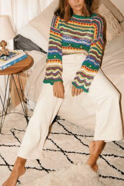 Rainbow Stripe Crochet Knit Sweater - Y2K Aesthetic Coquette Style for Women's Fashion