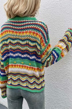 Rainbow Stripe Crochet Knit Sweater - Y2K Aesthetic Coquette Style for Women's Fashion