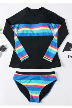 Rainbow Striped Halter Bikini Set for Y2K Fashion Enthusiasts