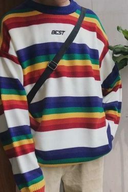 Rainbow Striped Jumper: Y2K Fashion with Coquette Aesthetic, Grunge Style, and Pastel Goth Vibes