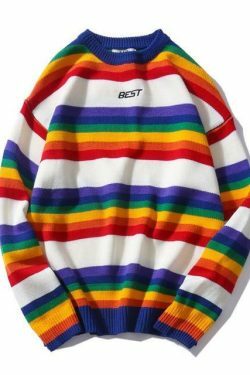 Rainbow Striped Jumper: Y2K Fashion with Coquette Aesthetic, Grunge Style, and Pastel Goth Vibes
