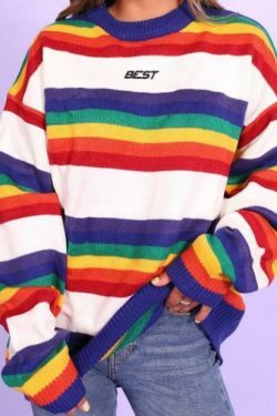 Rainbow Striped Jumper: Y2K Fashion with Coquette Aesthetic, Grunge Style, and Pastel Goth Vibes