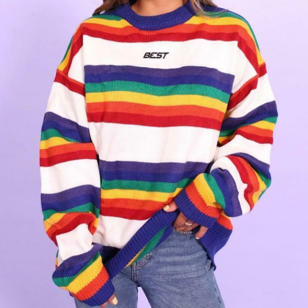 Rainbow Striped Jumper: Y2K Fashion with Coquette Aesthetic, Grunge Style, and Pastel Goth Vibes