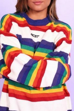 Rainbow Striped Jumper: Y2K Fashion with Coquette Aesthetic, Grunge Style, and Pastel Goth Vibes