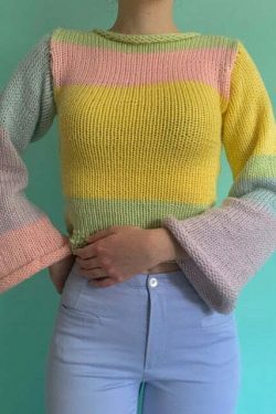 Rainbow Striped Pullover Knit Sweater - Y2K Aesthetic Coquette Style for Women's Fashion