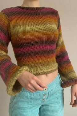Rainbow Striped Pullover Knit Sweater - Y2K Aesthetic Coquette Style for Women's Fashion