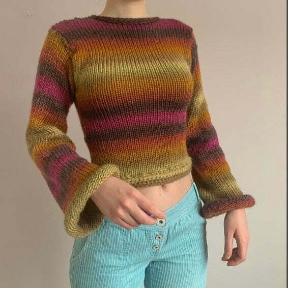 Rainbow Striped Pullover Knit Sweater - Y2K Aesthetic Coquette Style for Women's Fashion Rainbow Striped Pullover Knit Sweater - Y2K Aesthetic Coquette Style for Women's Fashion