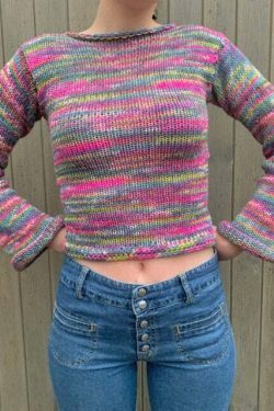 Rainbow Striped Pullover Knit Sweater - Y2K Aesthetic Coquette Style for Women's Fashion