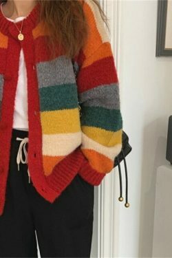 Rainbow Striped Sweater - Y2K Aesthetic Coquette Fashion - Grunge Style Cute Tops & Pastel Goth