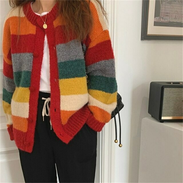 Rainbow Striped Sweater - Y2K Aesthetic Coquette Fashion - Grunge Style Cute Tops & Pastel Goth Rainbow Striped Sweater - Y2K Aesthetic Coquette Fashion - Grunge Style Cute Tops & Pastel Goth