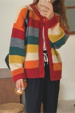 Rainbow Striped Sweater - Y2K Aesthetic Coquette Fashion - Grunge Style Cute Tops & Pastel Goth