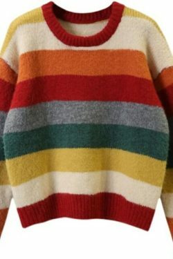 Rainbow Striped Sweater - Y2K Aesthetic Coquette Fashion - Grunge Style Cute Tops & Pastel Goth