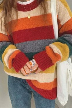Rainbow Striped Sweater - Y2K Aesthetic Coquette Fashion - Grunge Style Cute Tops & Pastel Goth