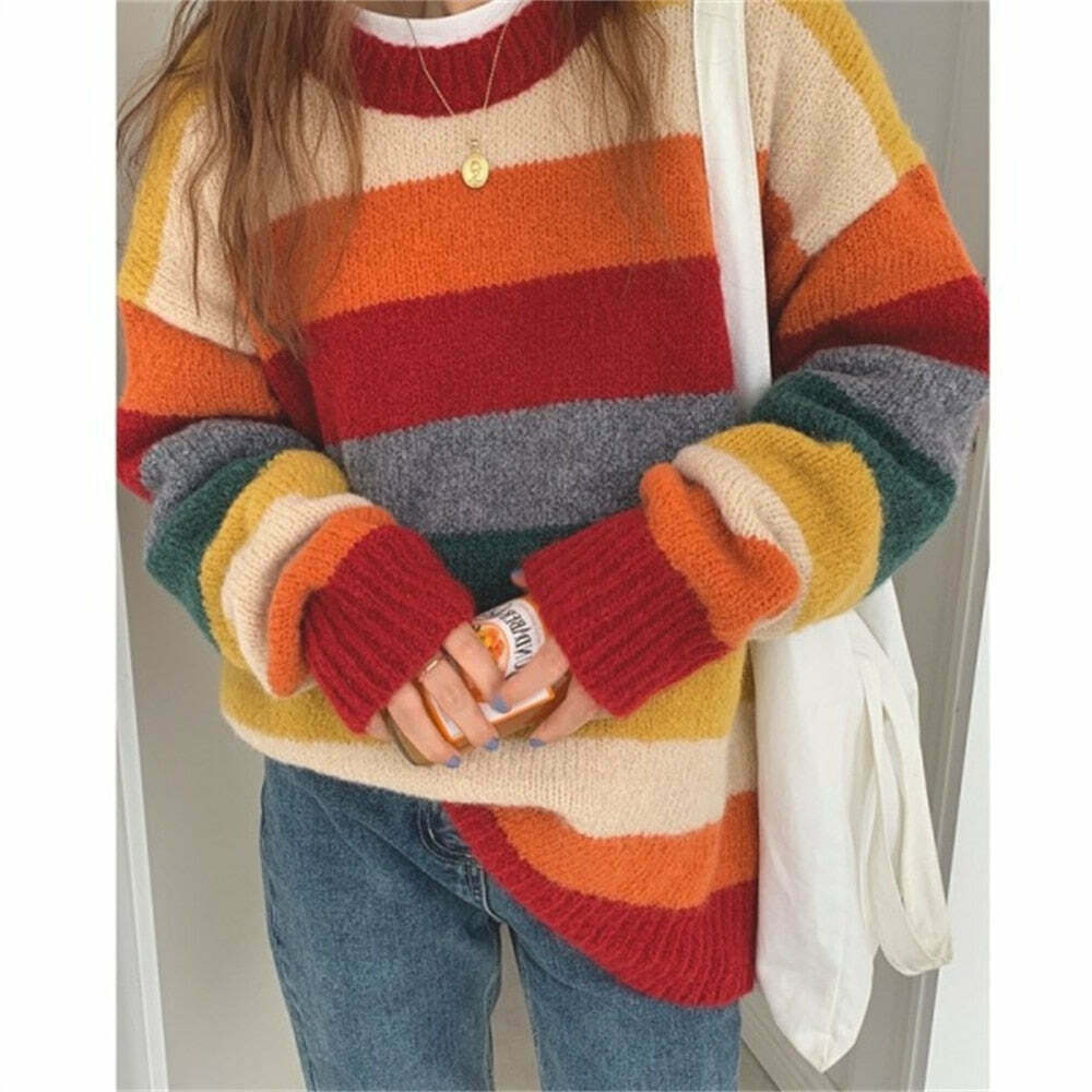 Rainbow Striped Sweater - Y2K Aesthetic Coquette Fashion - Grunge Style Cute Tops & Pastel Goth Rainbow Striped Sweater - Y2K Aesthetic Coquette Fashion - Grunge Style Cute Tops & Pastel Goth