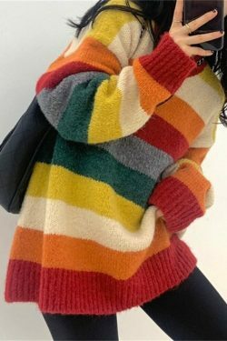 Rainbow Striped Sweater - Y2K Aesthetic Coquette Fashion - Grunge Style Cute Tops & Pastel Goth