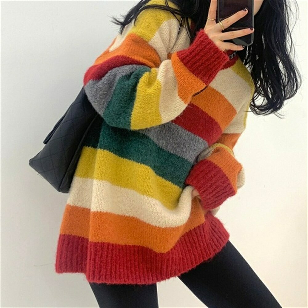 Rainbow Striped Sweater - Y2K Aesthetic Coquette Fashion - Grunge Style Cute Tops & Pastel Goth Rainbow Striped Sweater - Y2K Aesthetic Coquette Fashion - Grunge Style Cute Tops & Pastel Goth
