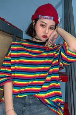 Rainbow Striped T-Shirt for Y2K Fashion - Coquette Aesthetic & Grunge Style