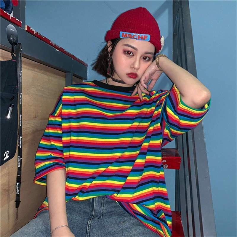 Rainbow Striped T-Shirt for Y2K Fashion - Coquette Aesthetic & Grunge Style Rainbow Striped T-Shirt for Y2K Fashion - Coquette Aesthetic & Grunge Style