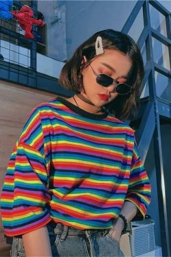 Rainbow Striped T-Shirt for Y2K Fashion - Coquette Aesthetic & Grunge Style