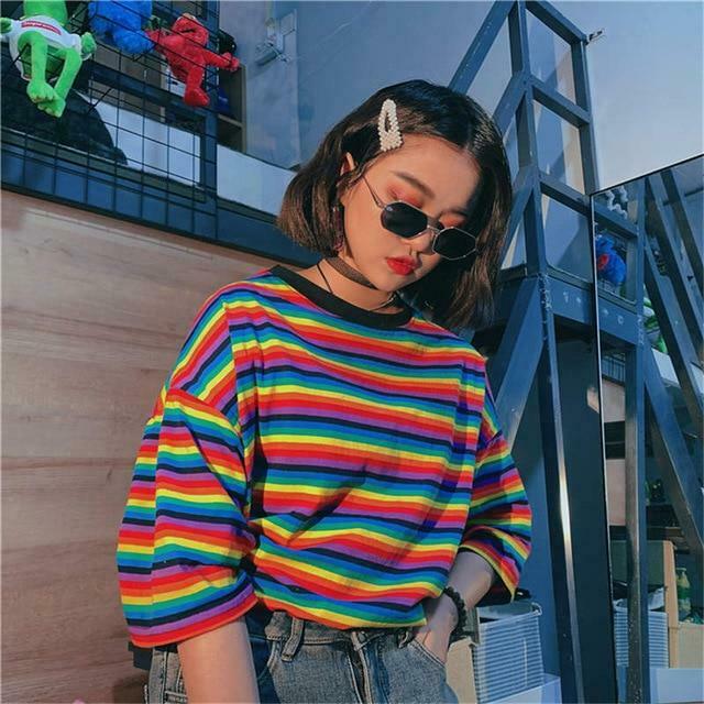 Rainbow Striped T-Shirt for Y2K Fashion - Coquette Aesthetic & Grunge Style Rainbow Striped T-Shirt for Y2K Fashion - Coquette Aesthetic & Grunge Style