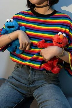 Rainbow Striped T-Shirt for Y2K Fashion - Coquette Aesthetic & Grunge Style