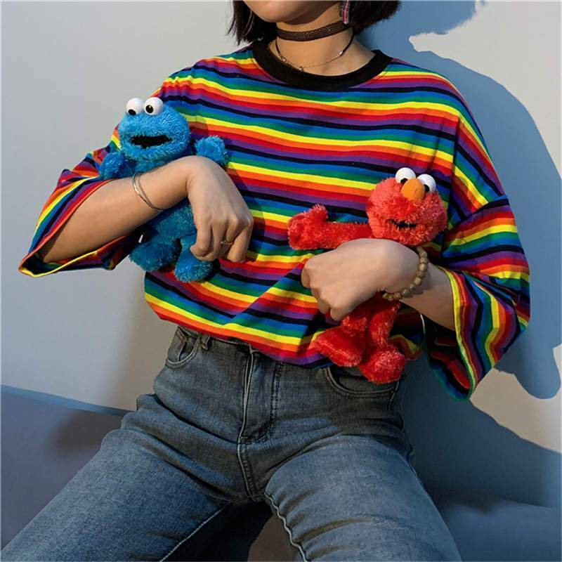 Rainbow Striped T-Shirt for Y2K Fashion - Coquette Aesthetic & Grunge Style Rainbow Striped T-Shirt for Y2K Fashion - Coquette Aesthetic & Grunge Style