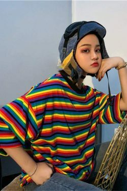Rainbow Striped T-Shirt for Y2K Fashion - Coquette Aesthetic & Grunge Style