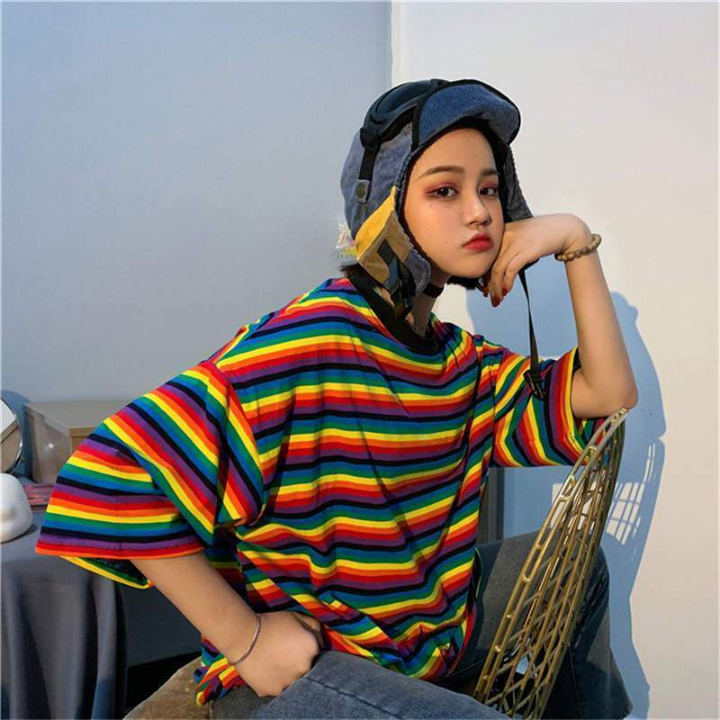 Rainbow Striped T-Shirt for Y2K Fashion - Coquette Aesthetic & Grunge Style Rainbow Striped T-Shirt for Y2K Fashion - Coquette Aesthetic & Grunge Style