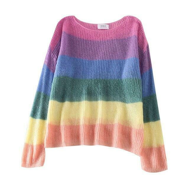 Rainbow Stripes Sweater: Y2K Aesthetic Coquette Style for Women - Grunge, Pastel Goth, and More Rainbow Stripes Sweater: Y2K Aesthetic Coquette Style for Women - Grunge, Pastel Goth, and More