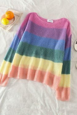 Rainbow Stripes Sweater: Y2K Aesthetic Coquette Style for Women - Grunge, Pastel Goth, and More