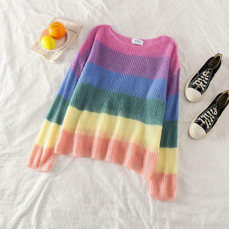 Rainbow Stripes Sweater: Y2K Aesthetic Coquette Style for Women - Grunge, Pastel Goth, and More Rainbow Stripes Sweater: Y2K Aesthetic Coquette Style for Women - Grunge, Pastel Goth, and More