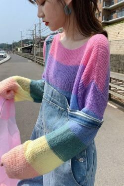 Rainbow Stripes Sweater: Y2K Aesthetic Coquette Style for Women - Grunge, Pastel Goth, and More