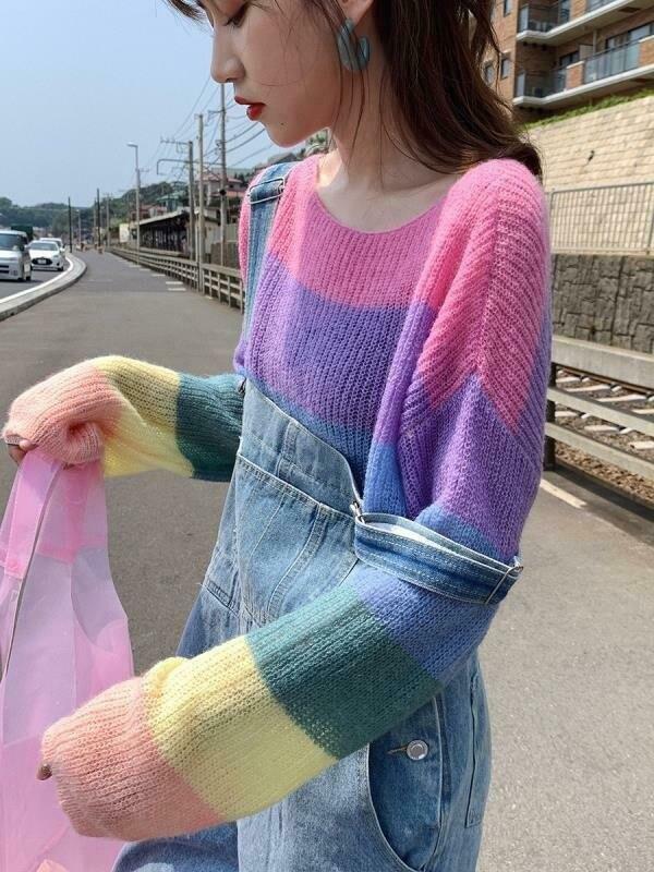 Rainbow Stripes Sweater: Y2K Aesthetic Coquette Style for Women - Grunge, Pastel Goth, and More Rainbow Stripes Sweater: Y2K Aesthetic Coquette Style for Women - Grunge, Pastel Goth, and More