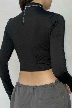 Reflective Cutout Irregular Hem Long Sleeve Tee - Y2K Fashion Aesthetic for Women