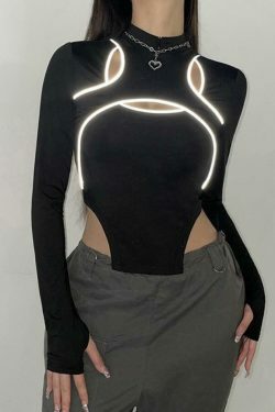 Reflective Cutout Irregular Hem Long Sleeve Tee - Y2K Fashion Aesthetic for Women