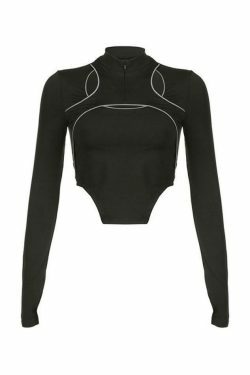 Reflective Cutout Irregular Hem Long Sleeve Tee - Y2K Fashion Aesthetic for Women