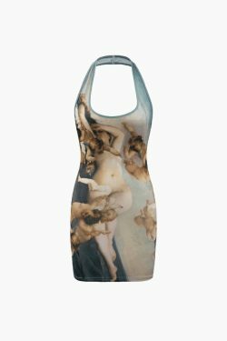 Renaissance Print Halter Bodycon Mini Dress - Vintage Aesthetic Sleeveless Dress