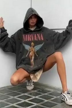 Retro Angel Print Boyfriend Style Hoodie - Y2K Fashion Aesthetic with Coquette and Grunge Vibes