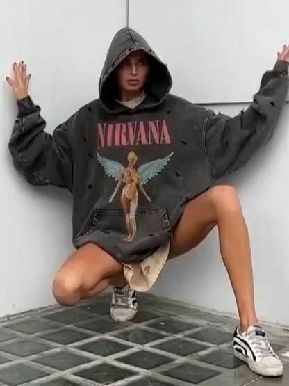 Retro Angel Print Boyfriend Style Hoodie - Y2K Fashion Aesthetic with Coquette and Grunge Vibes Retro Angel Print Boyfriend Style Hoodie - Y2K Fashion Aesthetic with Coquette and Grunge Vibes