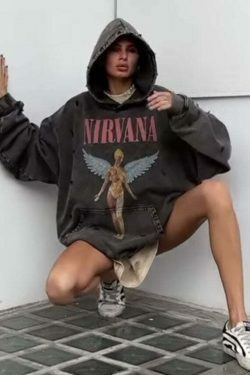 Retro Angel Print Boyfriend Style Hoodie - Y2K Fashion Aesthetic with Coquette and Grunge Vibes