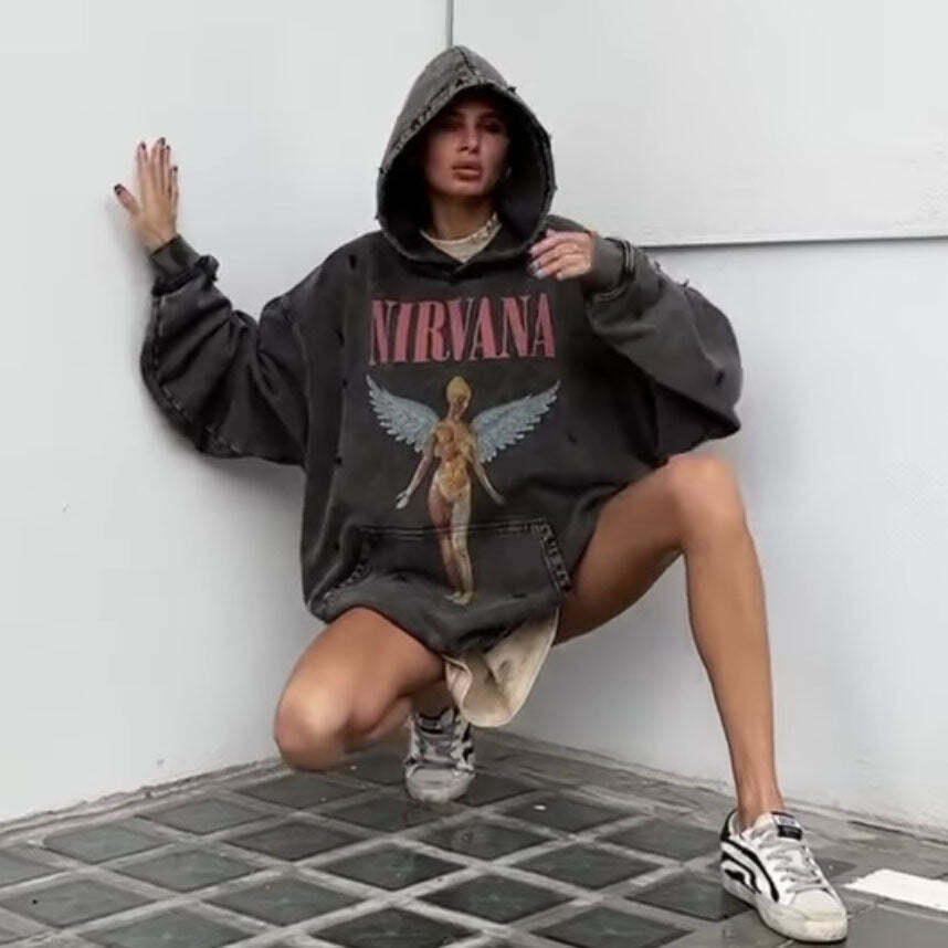 Retro Angel Print Boyfriend Style Hoodie - Y2K Fashion Aesthetic with Coquette and Grunge Vibes Retro Angel Print Boyfriend Style Hoodie - Y2K Fashion Aesthetic with Coquette and Grunge Vibes