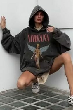 Retro Angel Print Boyfriend Style Hoodie - Y2K Fashion Aesthetic with Coquette and Grunge Vibes