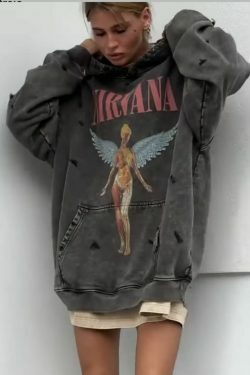 Retro Angel Print Boyfriend Style Hoodie - Y2K Fashion Aesthetic with Coquette and Grunge Vibes