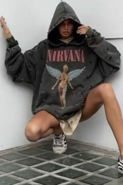 Retro Angel Print Boyfriend Style Hoodie - Y2K Fashion Aesthetic with Coquette and Grunge Vibes